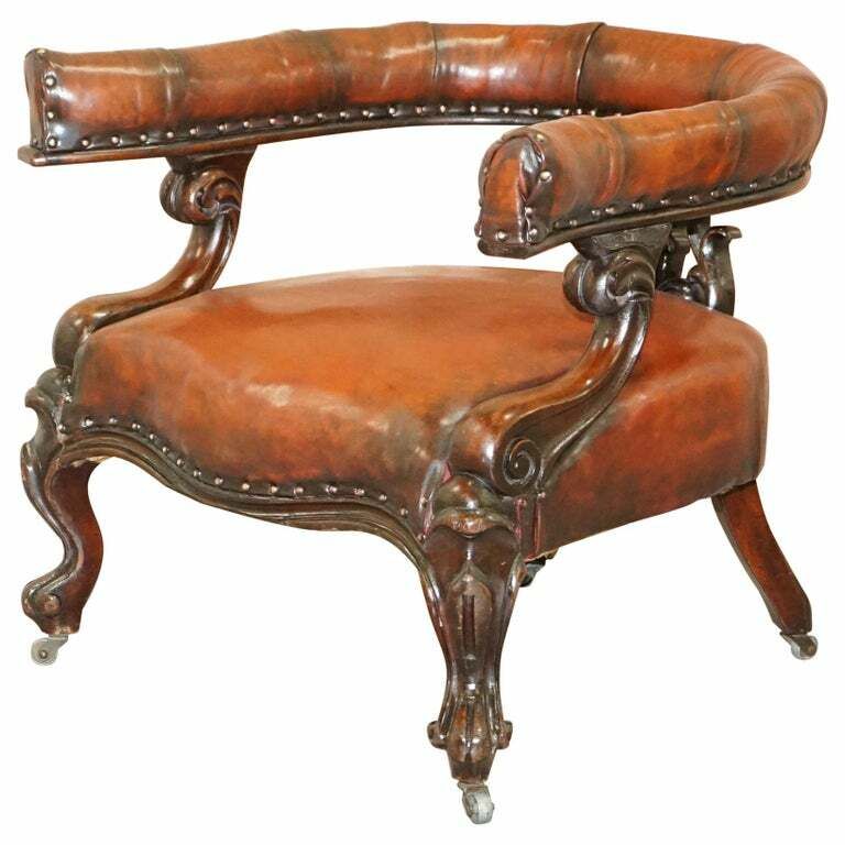 Rare Fully Restored Regency Show Framed Carved Mahognay Brown Leather Armchair