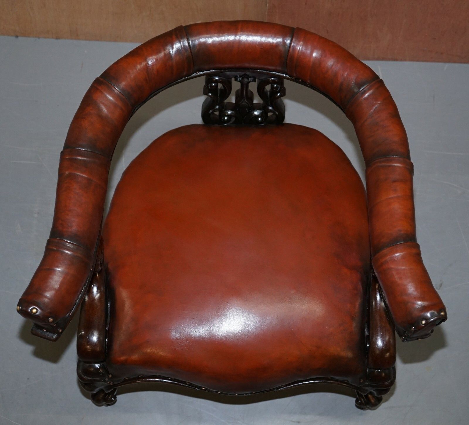 Rare Fully Restored Regency Show Framed Carved Mahognay Brown Leather Armchair photo Furniture