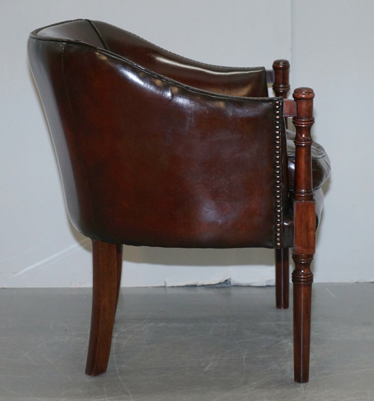 Furniture Lovely Fully Restored Vintage Hand Dyed Studded Brown Leather Tub Club Armchair photo