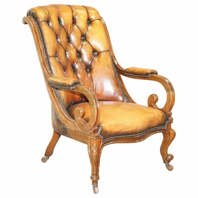 Stunning Show Framed Early Victorian Chesterfield Brown Leather Library Armchair
