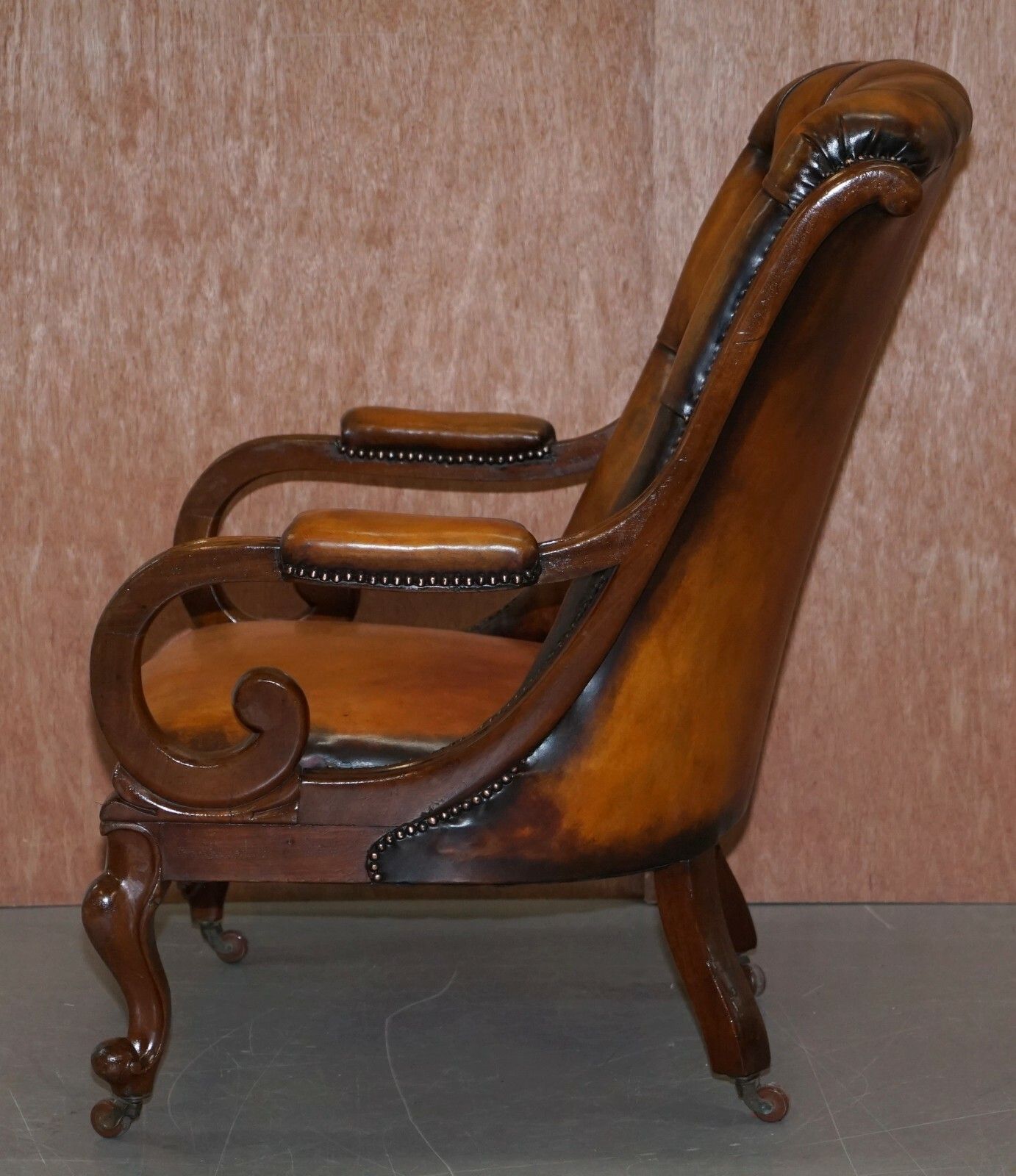 2750.0 Stunning Show Framed Early Victorian Chesterfield Brown Leather Library Armchair photo