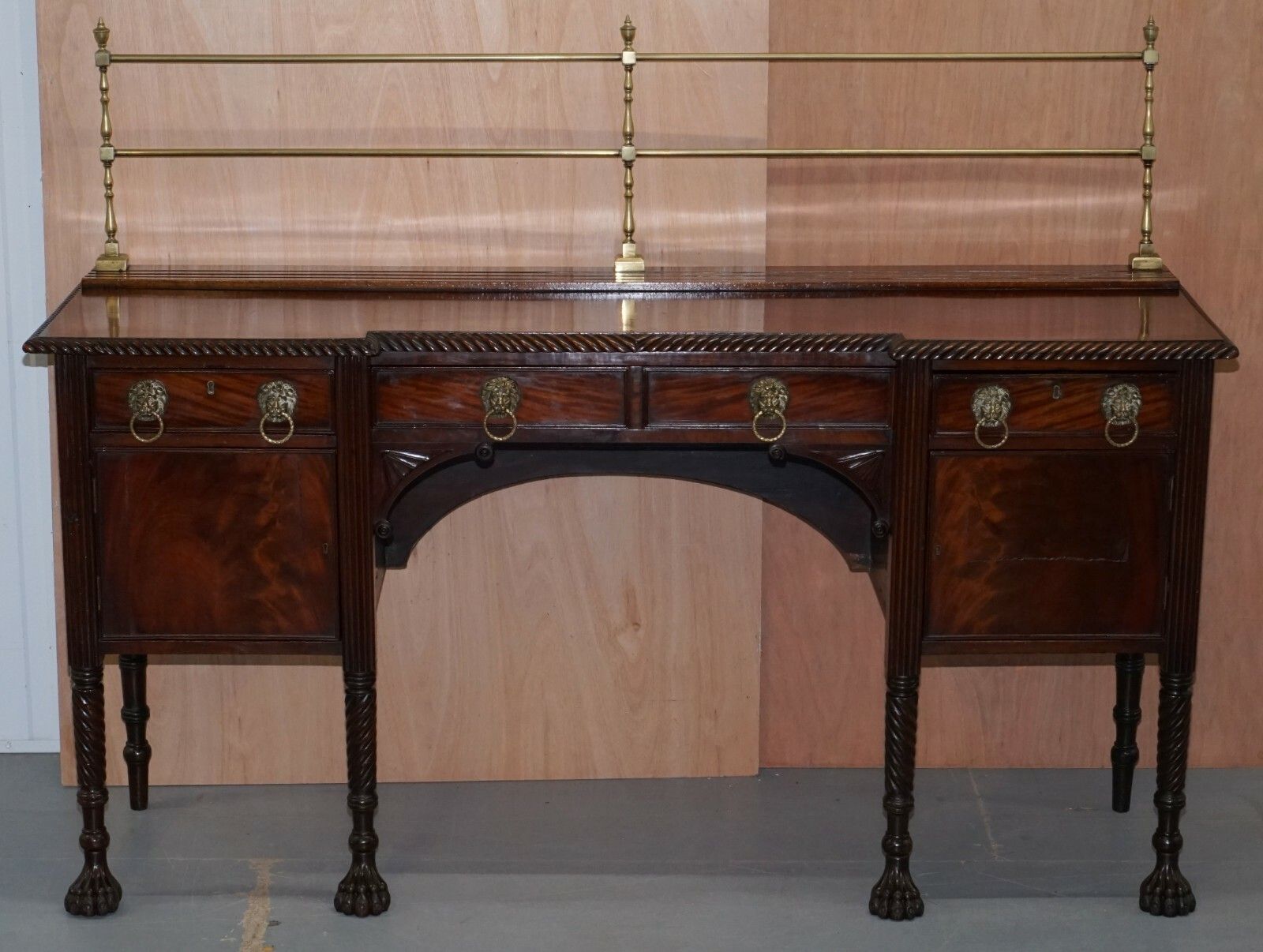 Original 1790 Georgian Irish Mahogany Sideboard With Brass Gallery Lion Handles photo furniture