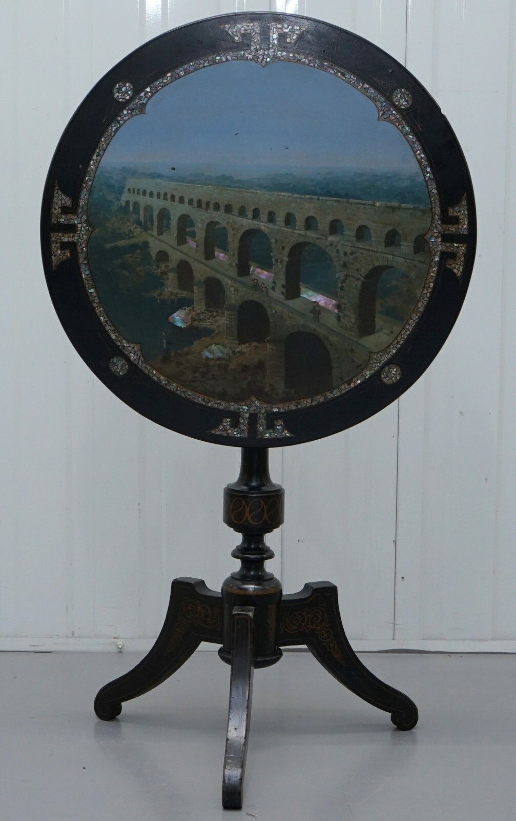 Rare 19th Century Pont Du Gard Aqueduct Grand Tour Mother Of Pearl Tripod Table photo furniture