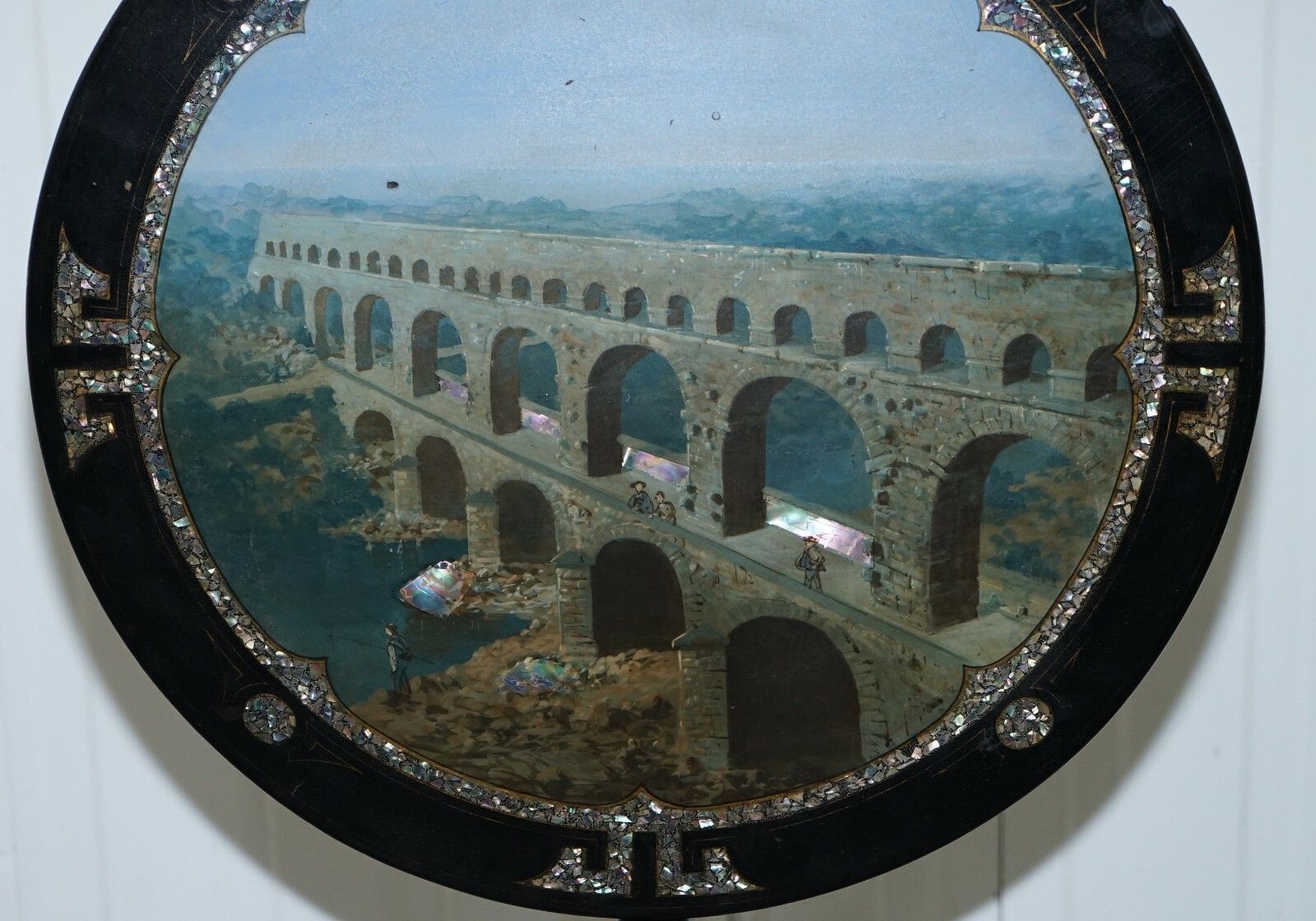 Rare 19th Century Pont Du Gard Aqueduct Grand Tour Mother Of Pearl Tripod Table photo vinterior