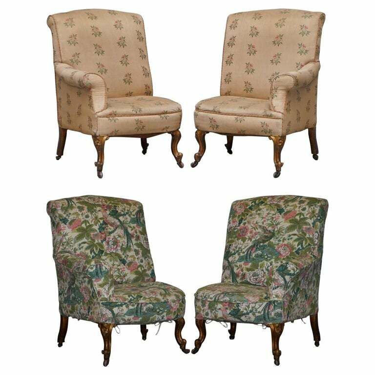 Rare Pair Of Giltwood Victorian Asymmetrical Armchairs Embroidered Bird Covers