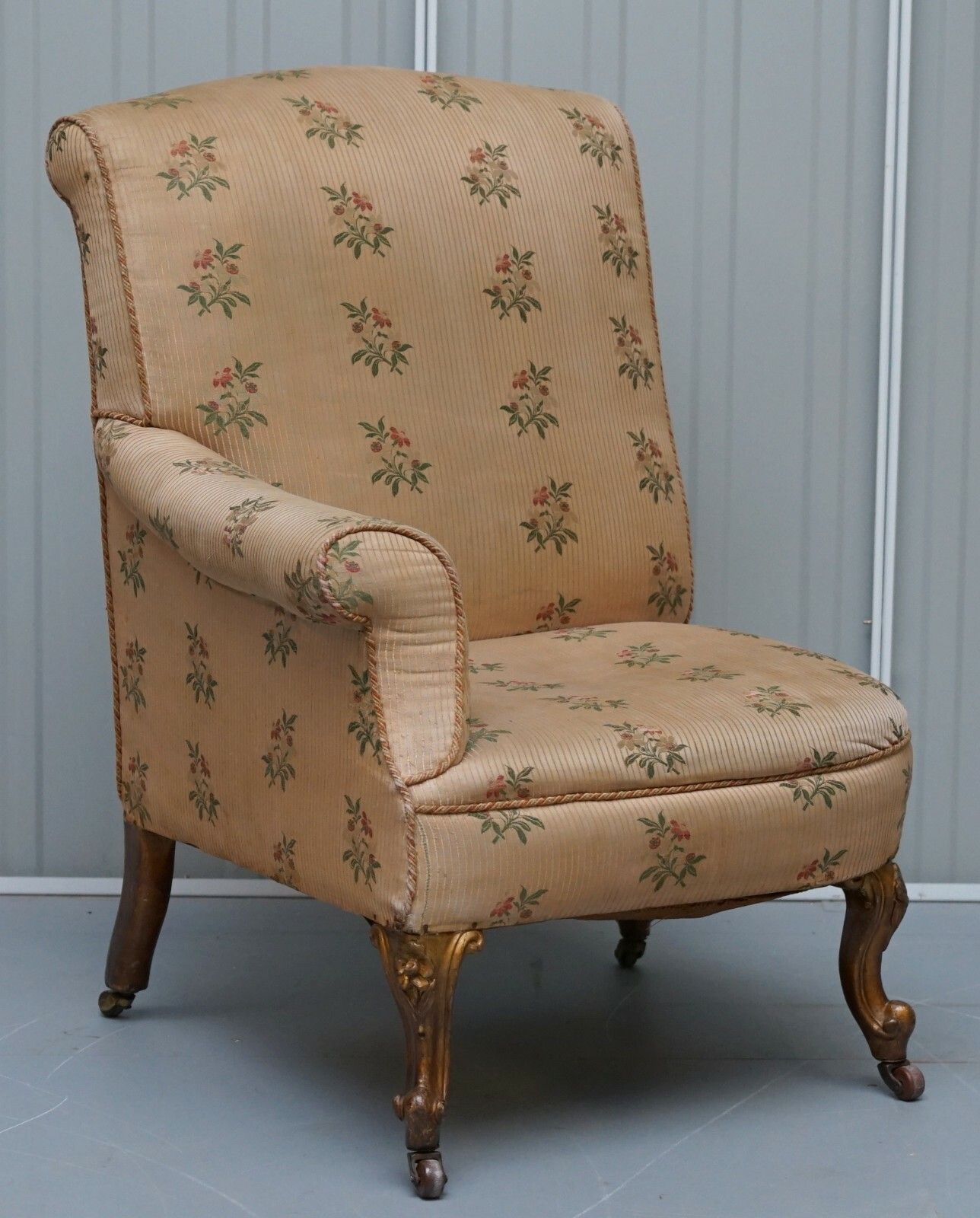 Rare Pair Of Giltwood Victorian Asymmetrical Armchairs Embroidered Bird Covers photo for sale