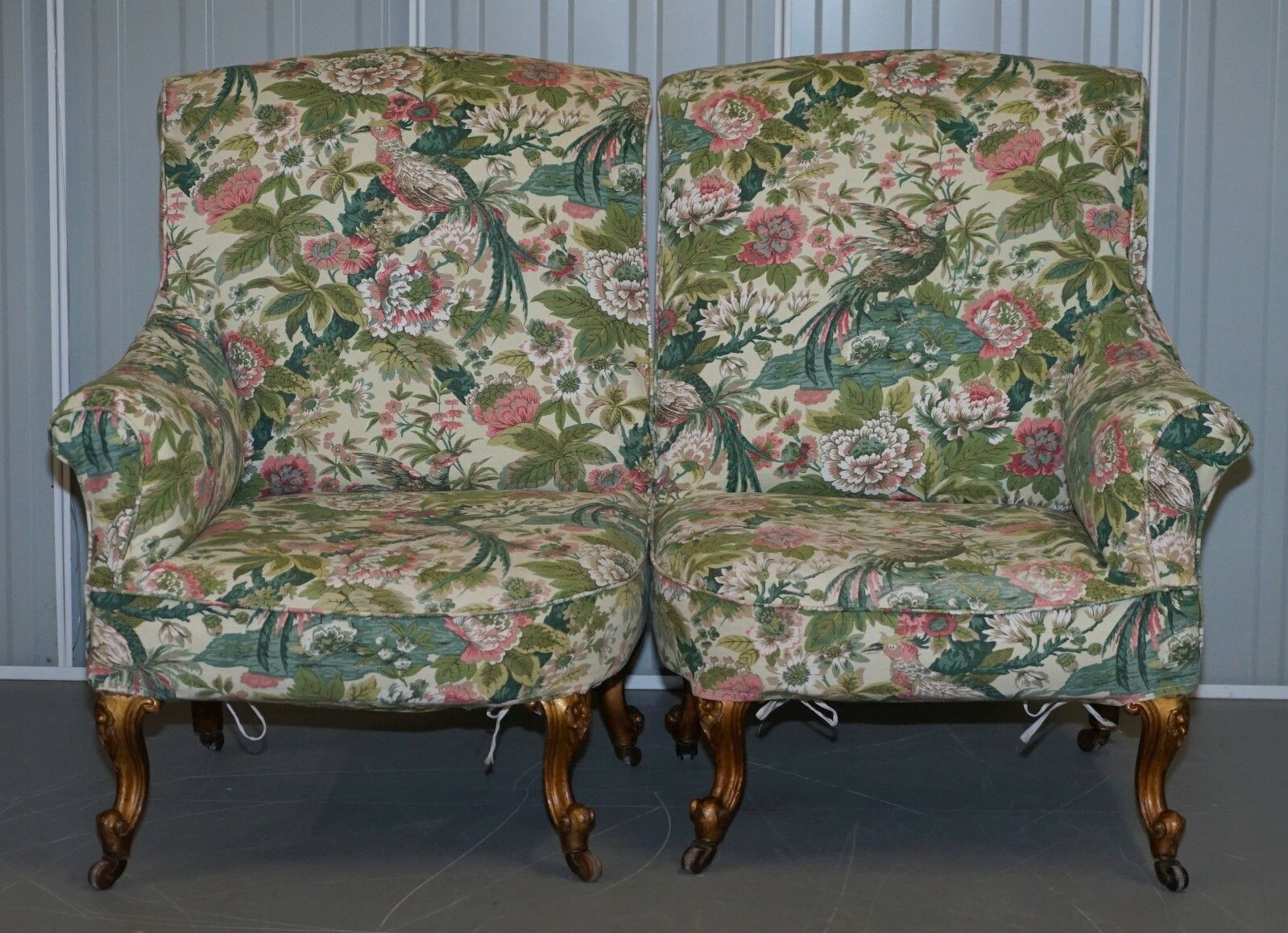 photo furniture Rare Pair Of Giltwood Victorian Asymmetrical Armchairs Embroidered Bird Covers