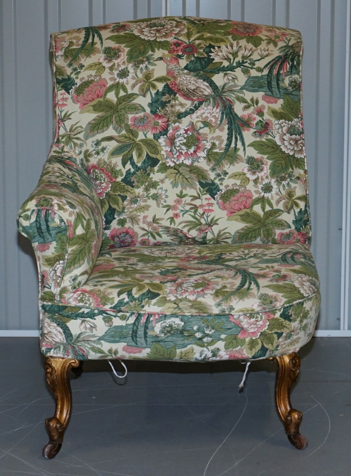photo for sale Rare Pair Of Giltwood Victorian Asymmetrical Armchairs Embroidered Bird Covers