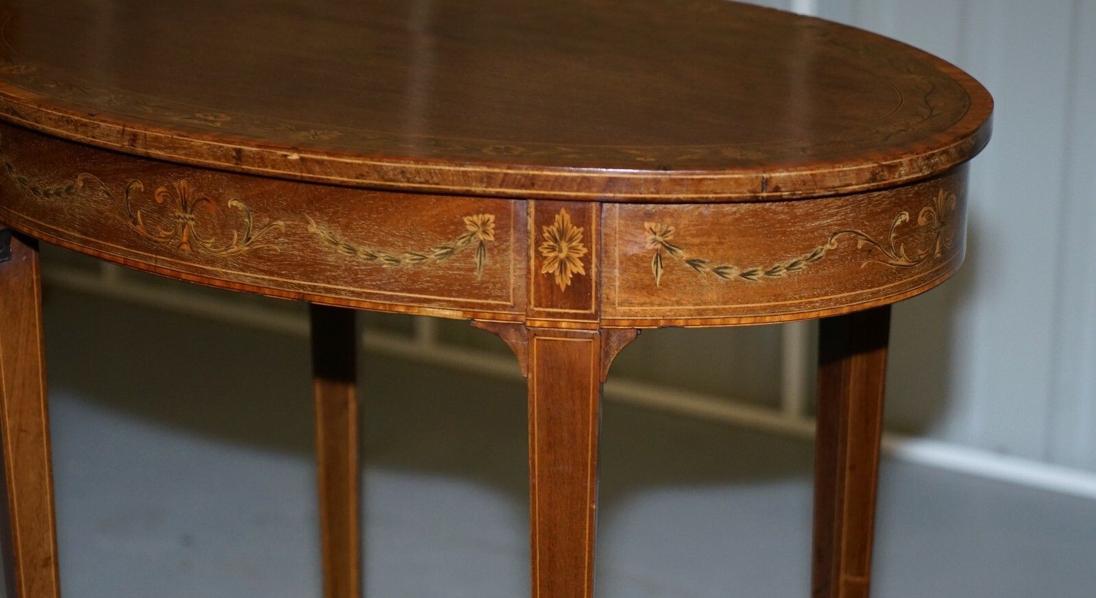photo for sale Stunning Floral Inlaid Sheraton Victorian Walnut Oval Occasional Side End Table