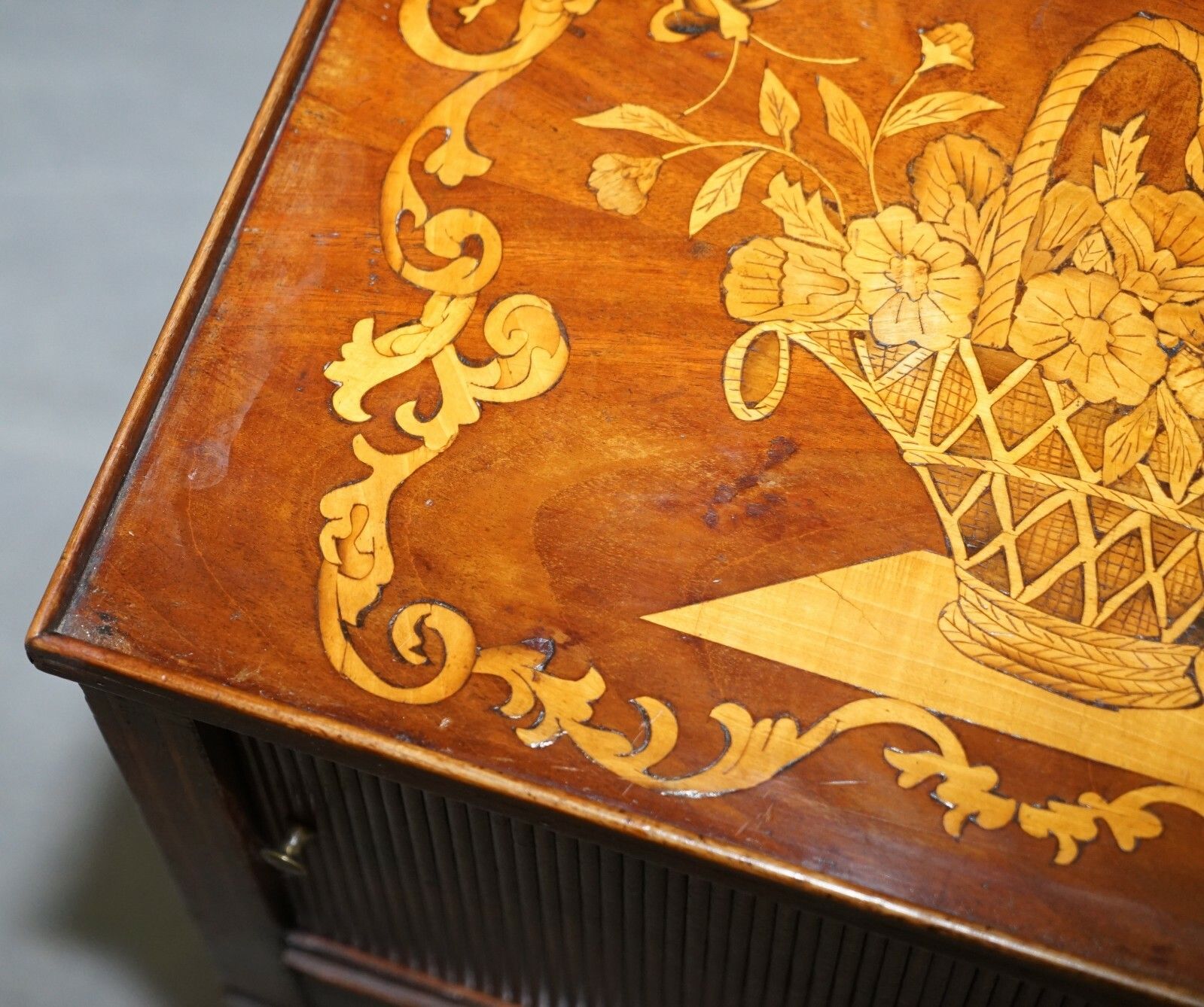 Lovely 19th Century Dutch Marquetry Inlaid Side Table With Tambour Fronted Door photo vinterior