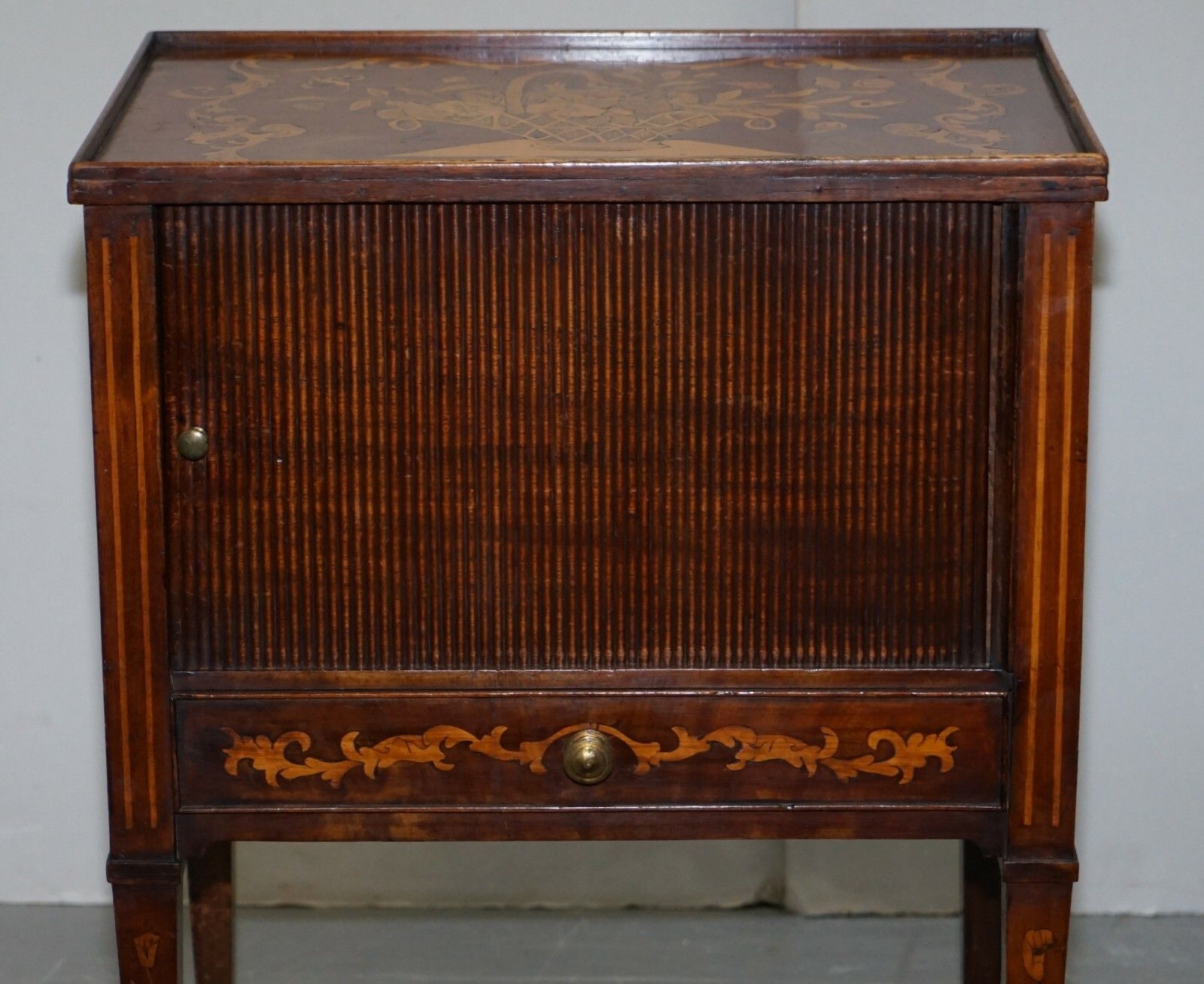 Lovely 19th Century Dutch Marquetry Inlaid Side Table With Tambour Fronted Door photo buy