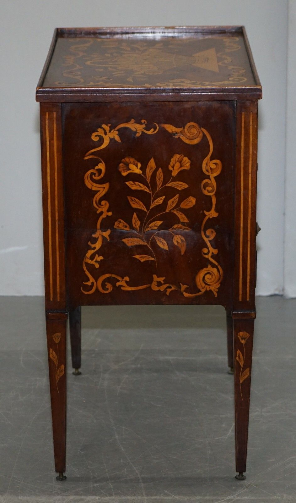 photo furniture Lovely 19th Century Dutch Marquetry Inlaid Side Table With Tambour Fronted Door