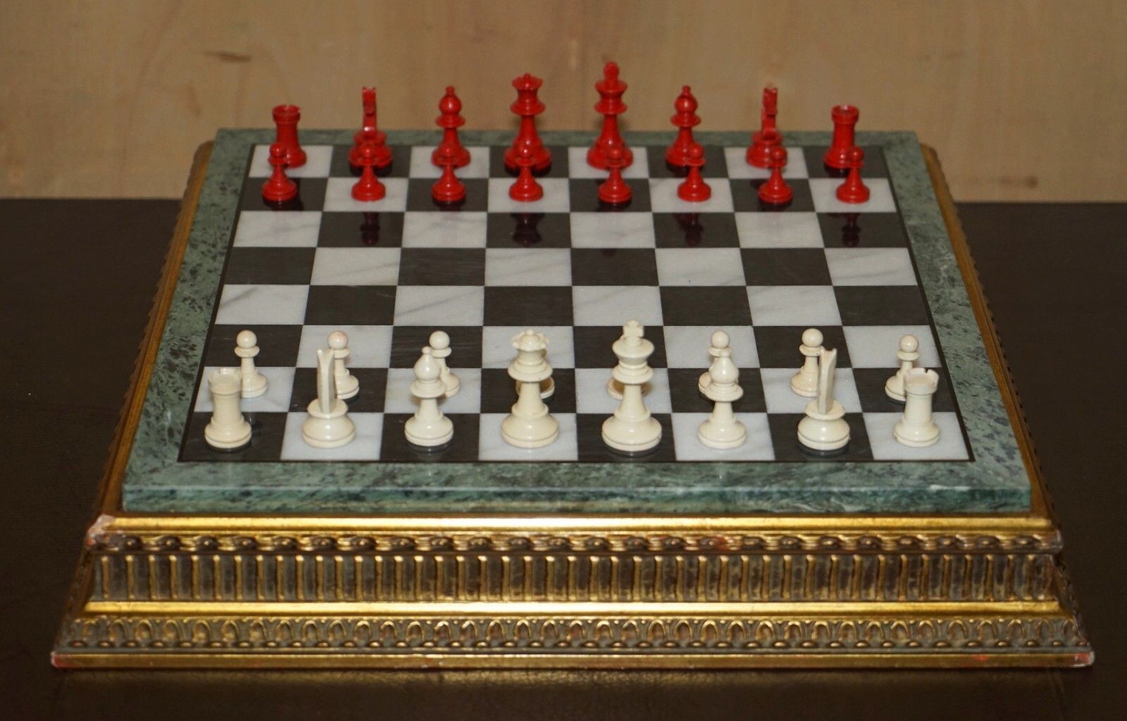 Antique Victorian Staunton Chess Pieces Set + Italian Marble Giltwood Chessboard photo furniture
