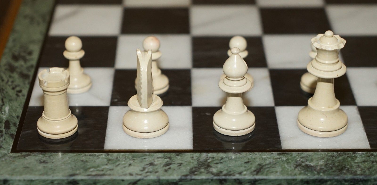 Antique Victorian Staunton Chess Pieces Set + Italian Marble Giltwood Chessboard photo for sale