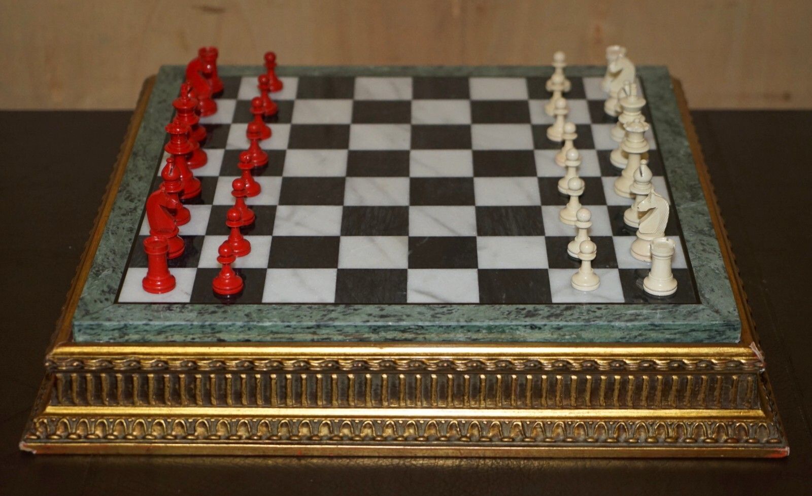 Antique Victorian Staunton Chess Pieces Set + Italian Marble Giltwood Chessboard photo vintage