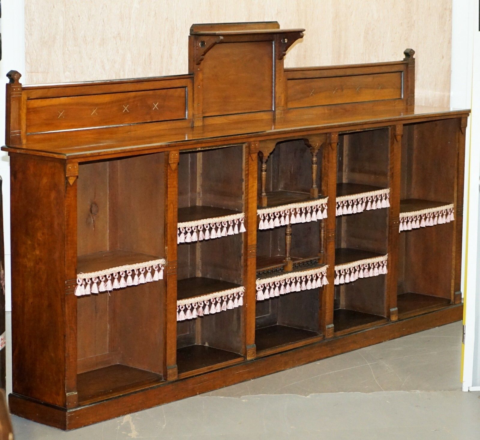 Important Gothic Pugin Style Victorian Walnut Dwarf Open Bookcase 274cm Wide photo furniture