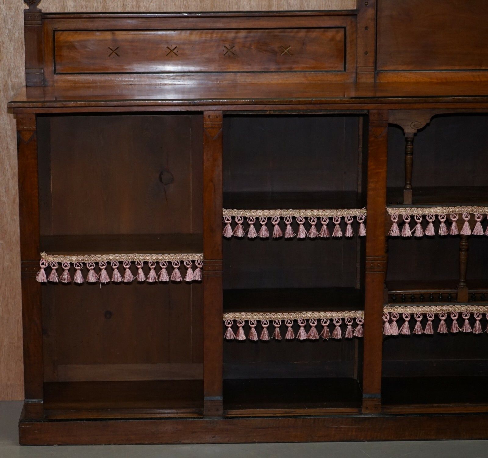 Important Gothic Pugin Style Victorian Walnut Dwarf Open Bookcase 274cm Wide photo for sale