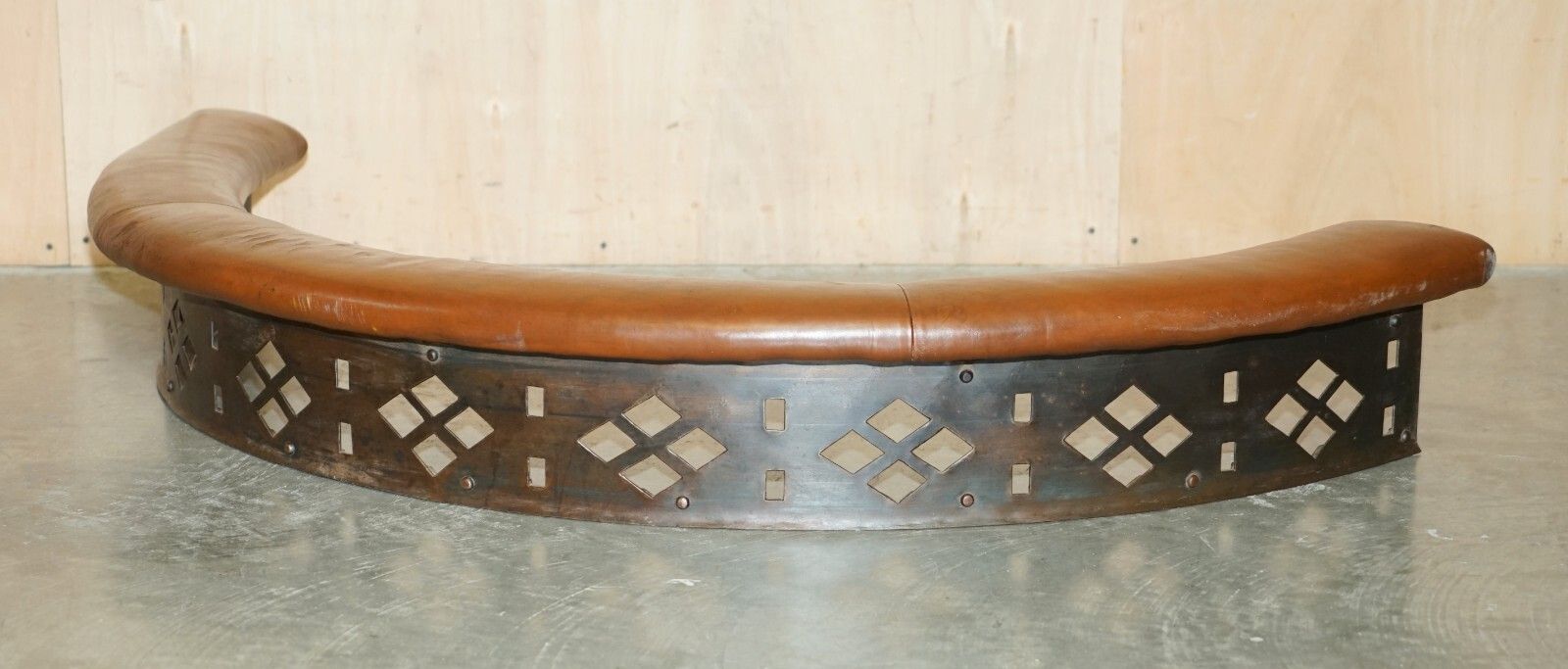 Rare Demi Lune Antique Victorian Brown Leather Club Fender With Pierced Metal photo furniture