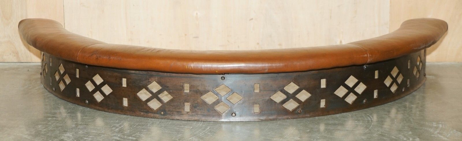 Rare Demi Lune Antique Victorian Brown Leather Club Fender With Pierced Metal photo for sale