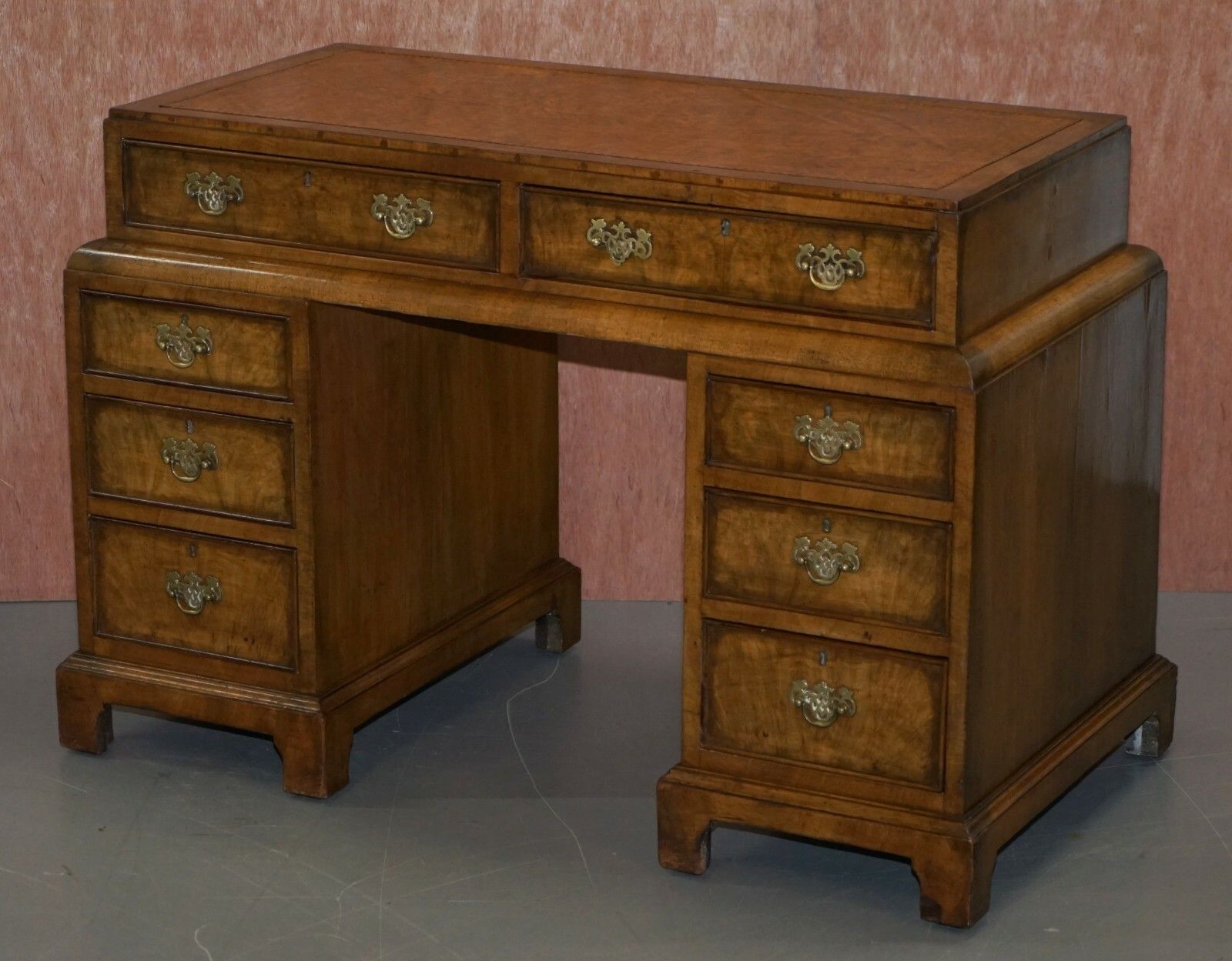 Late Victorian Burl Walnut Cushion Curve Pedestal Desk Brown Leather Surface photo for sale