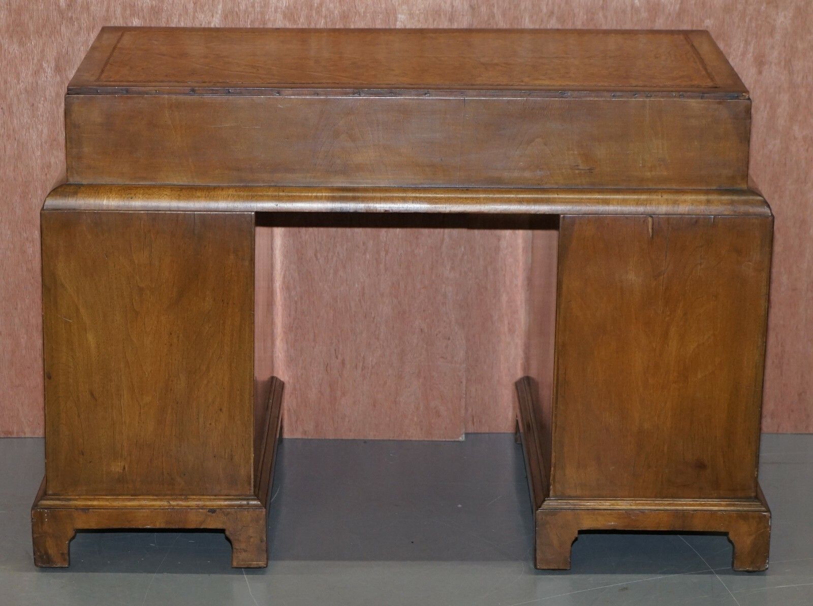 photo for sale Late Victorian Burl Walnut Cushion Curve Pedestal Desk Brown Leather Surface
