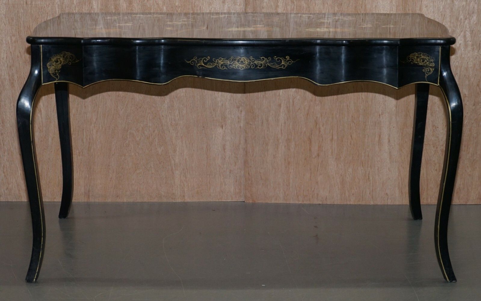 Stunning Black Lacquered Polychrome Painted Writing Table Desk Birds Flowers photo Furniture