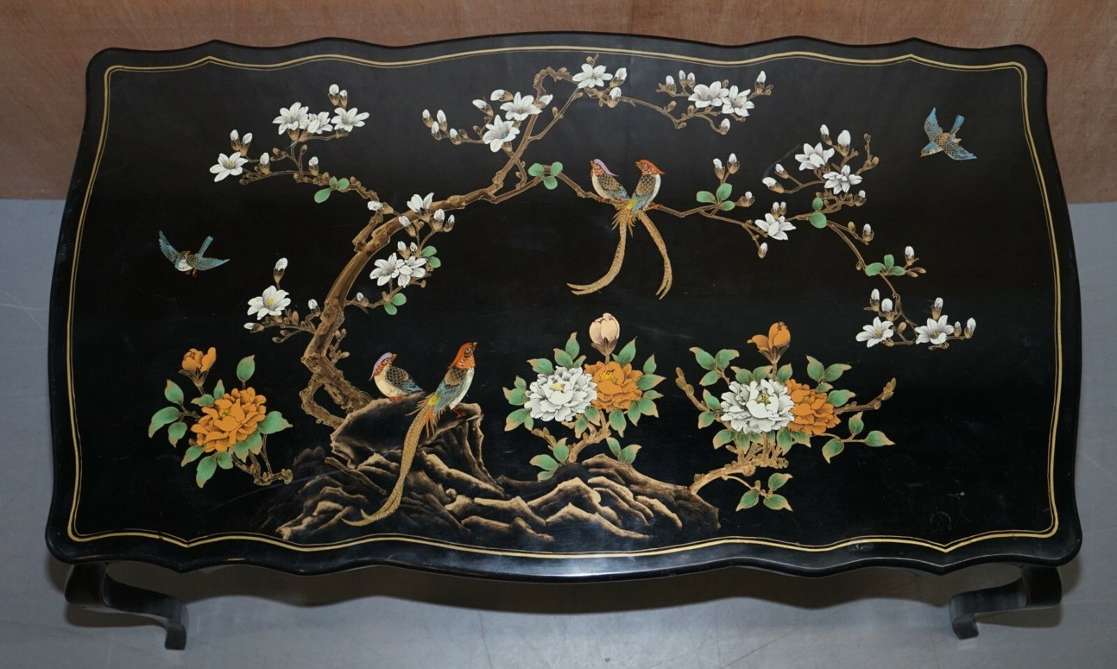 Stunning Black Lacquered Polychrome Painted Writing Table Desk Birds Flowers photo vinterior