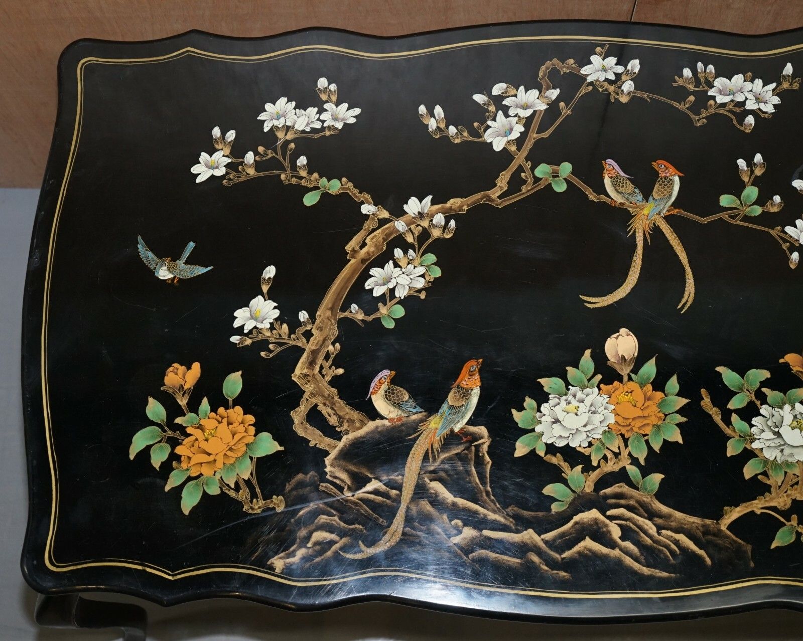 Stunning Black Lacquered Polychrome Painted Writing Table Desk Birds Flowers photo vintage