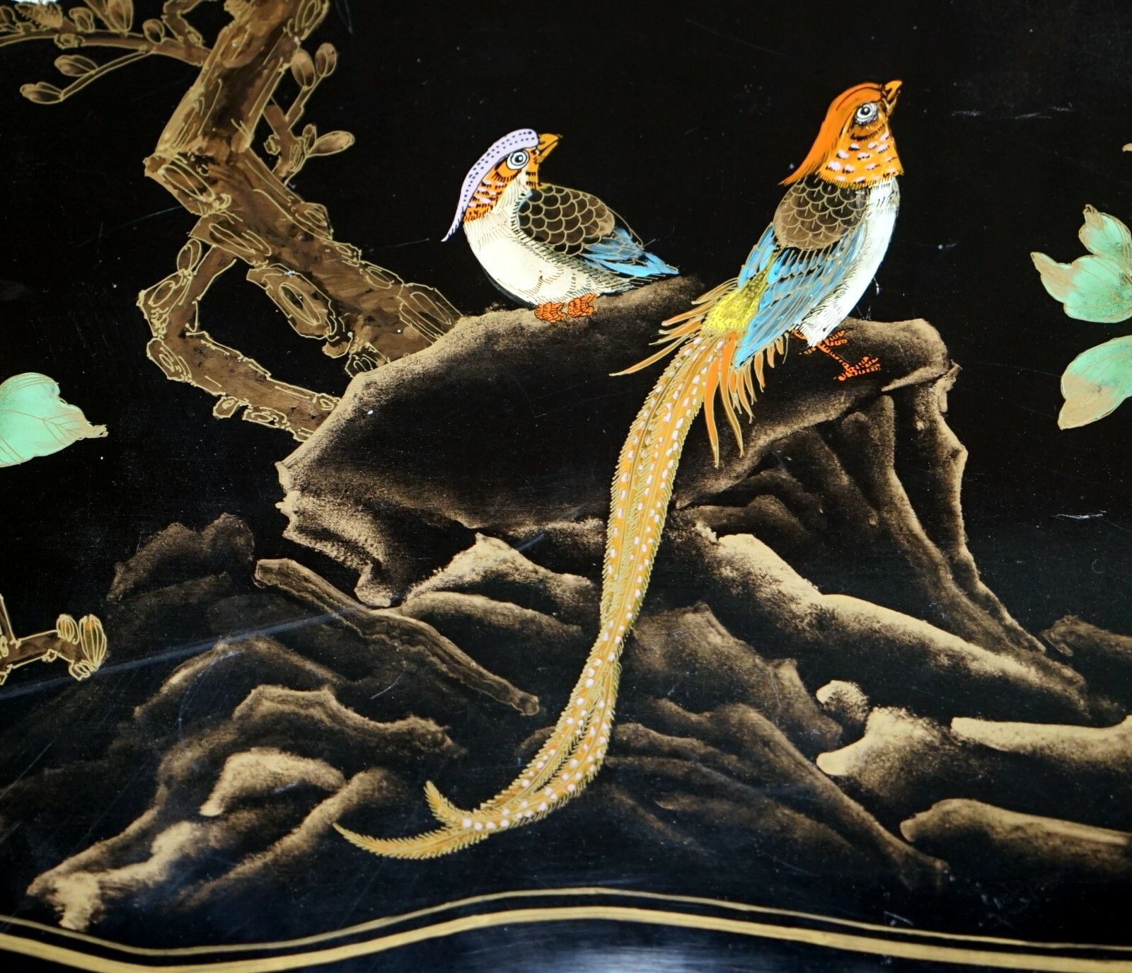 photo for sale Stunning Black Lacquered Polychrome Painted Writing Table Desk Birds Flowers