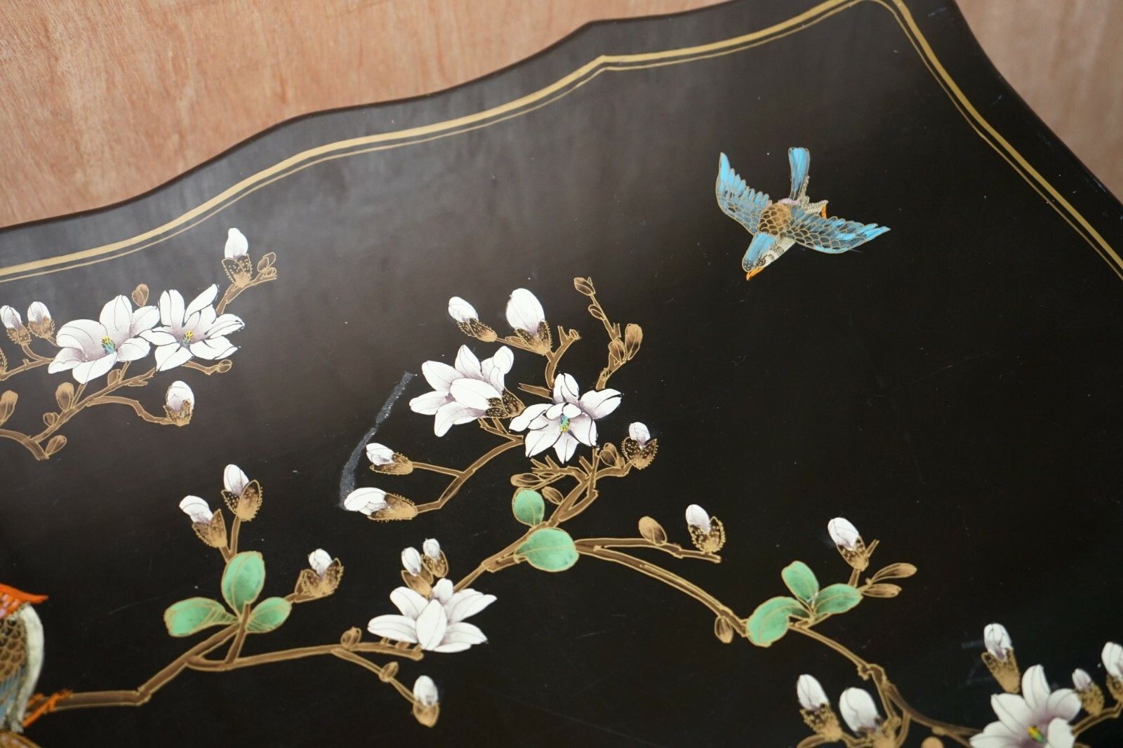 Furniture Stunning Black Lacquered Polychrome Painted Writing Table Desk Birds Flowers photo