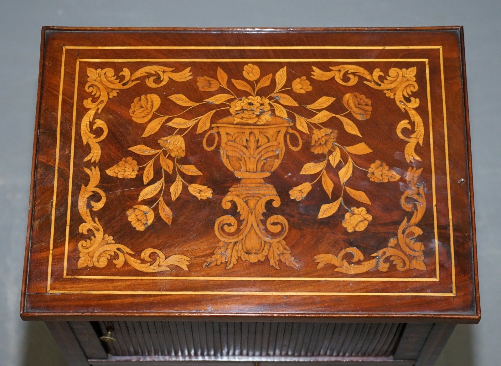 Rare 19th Century Dutch Marquetry Inlaid Side Table With Tambour Fronted Door photo Furniture
