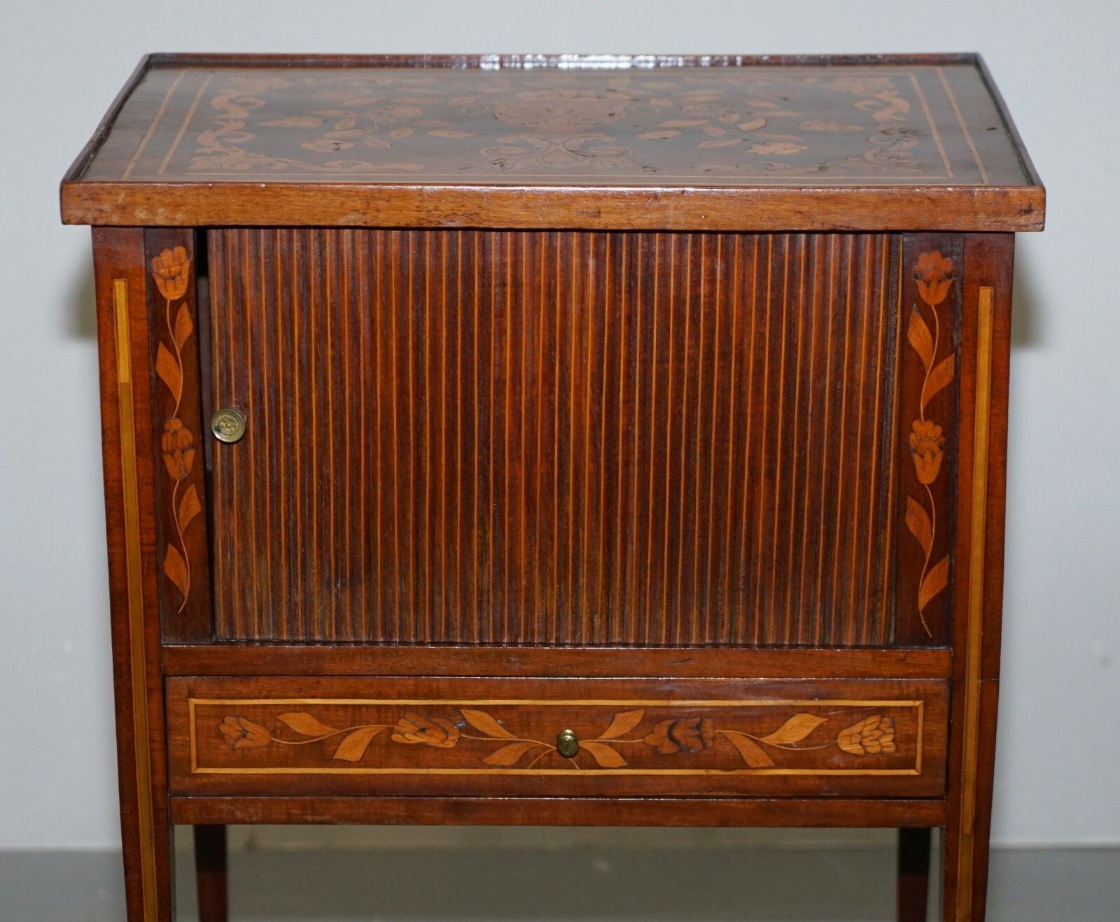 Rare 19th Century Dutch Marquetry Inlaid Side Table With Tambour Fronted Door photo vinterior