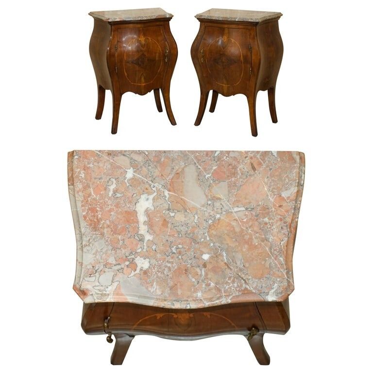 Fine Pair Of Antique  1880 Italian Marble Top Bombe Nightstand Side Table Chest