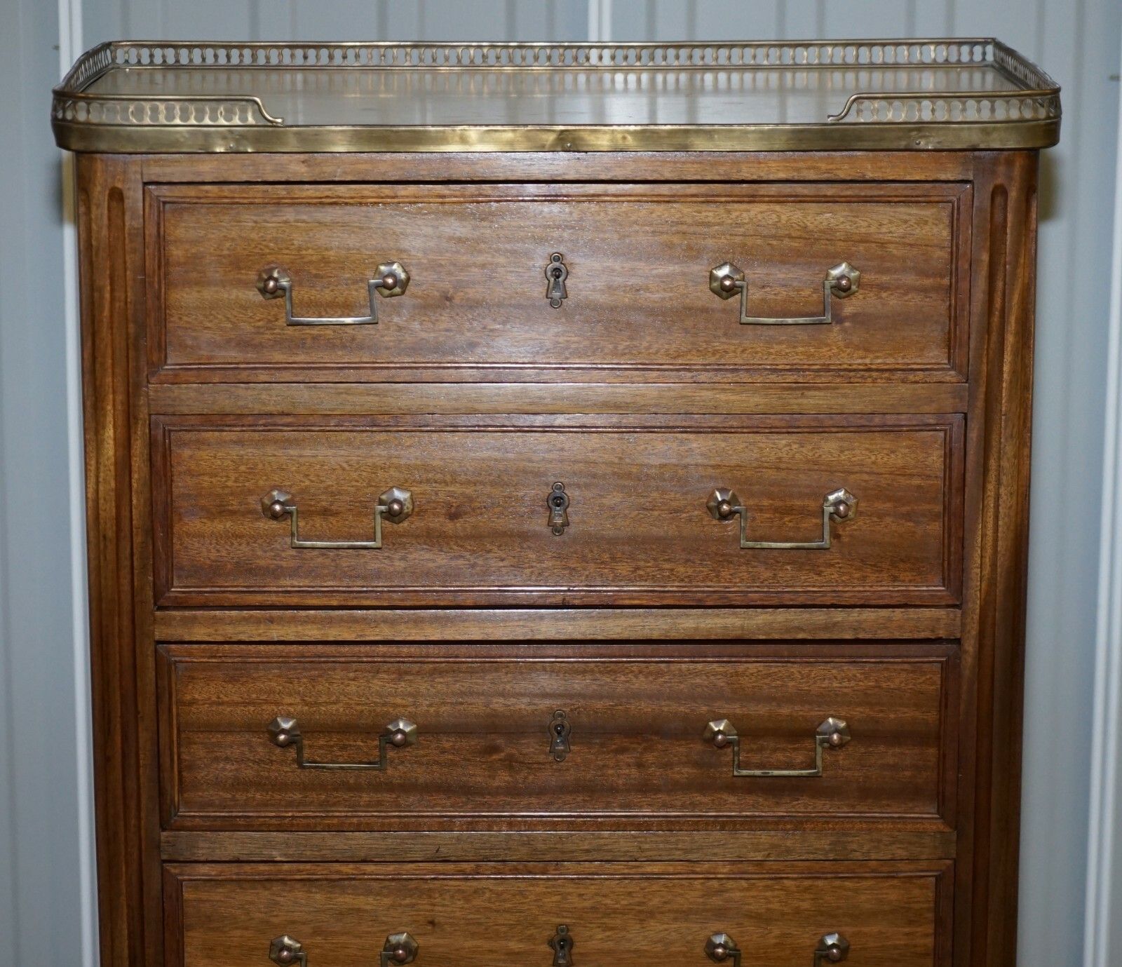 Rare 19th Century French Marble Topped Brass Gallery Semainier Chest Of Drawers photo buy