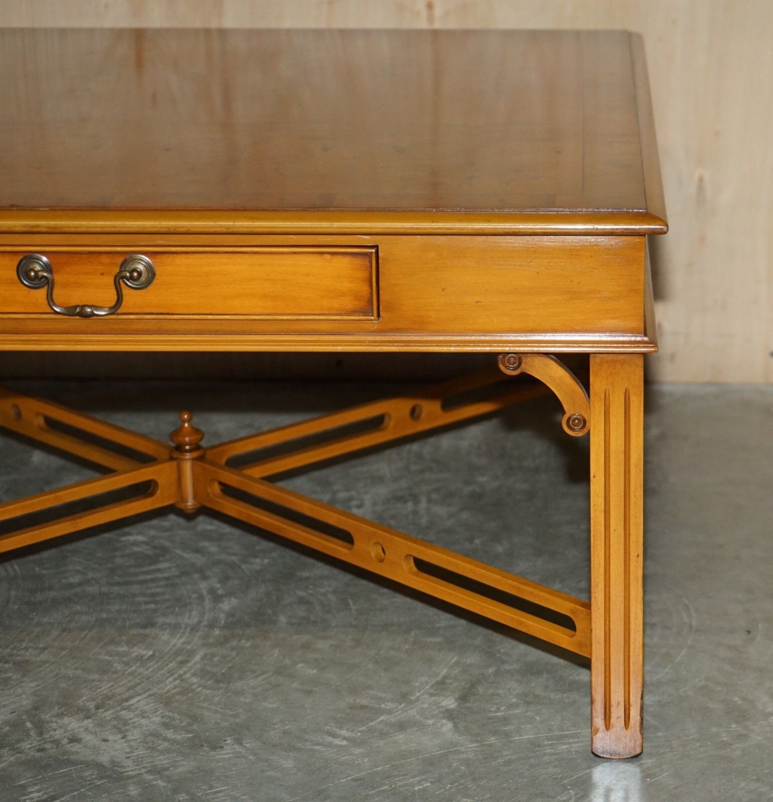 Furniture Lovely Burr Yew Wood Two Drawer Coffee Table With Thomas Chippendale Stretches photo
