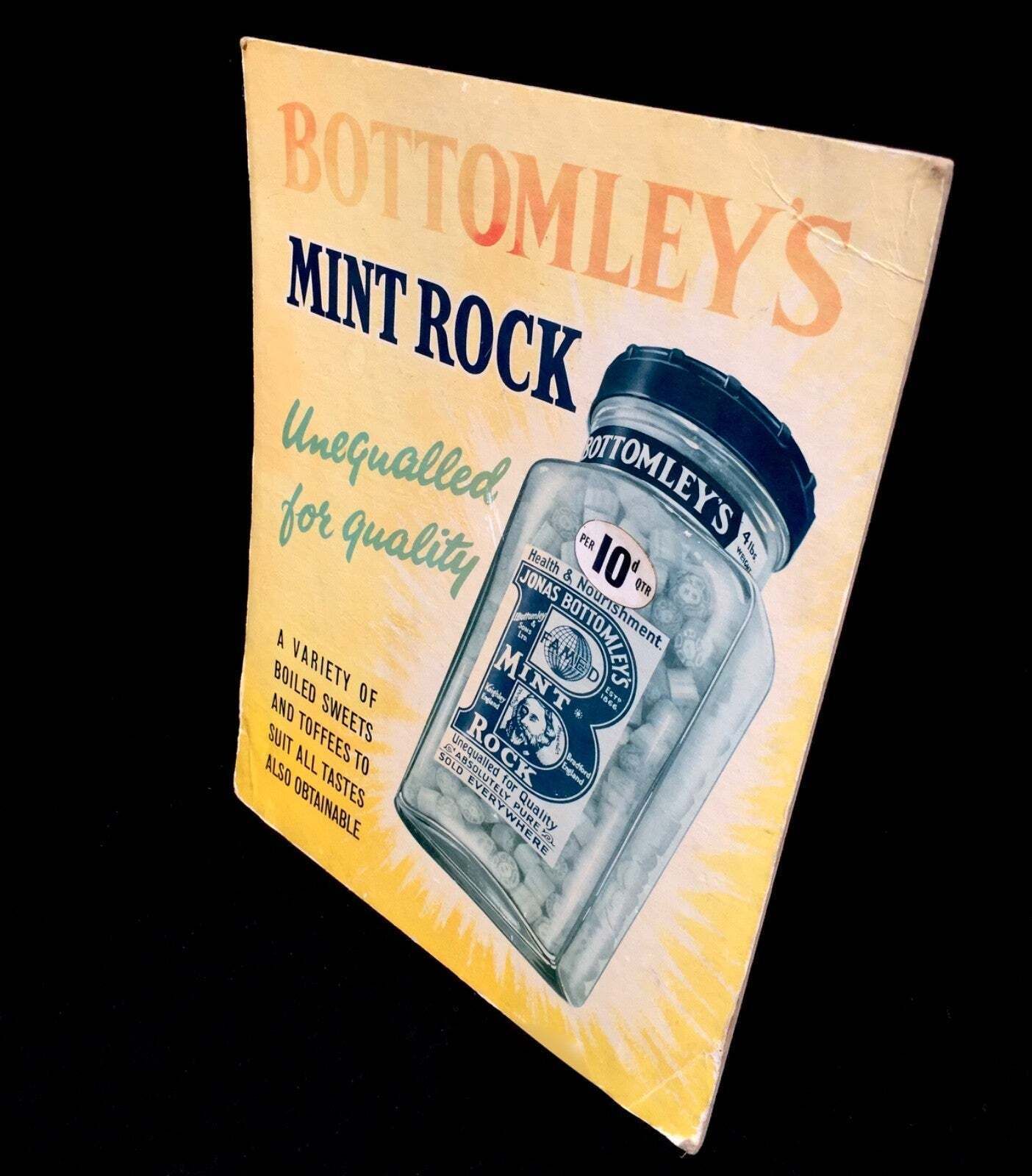 Antique Advertising Showcard / Shop Display Bottomley's Mint Rock Sign C.1940 photo Home Decor