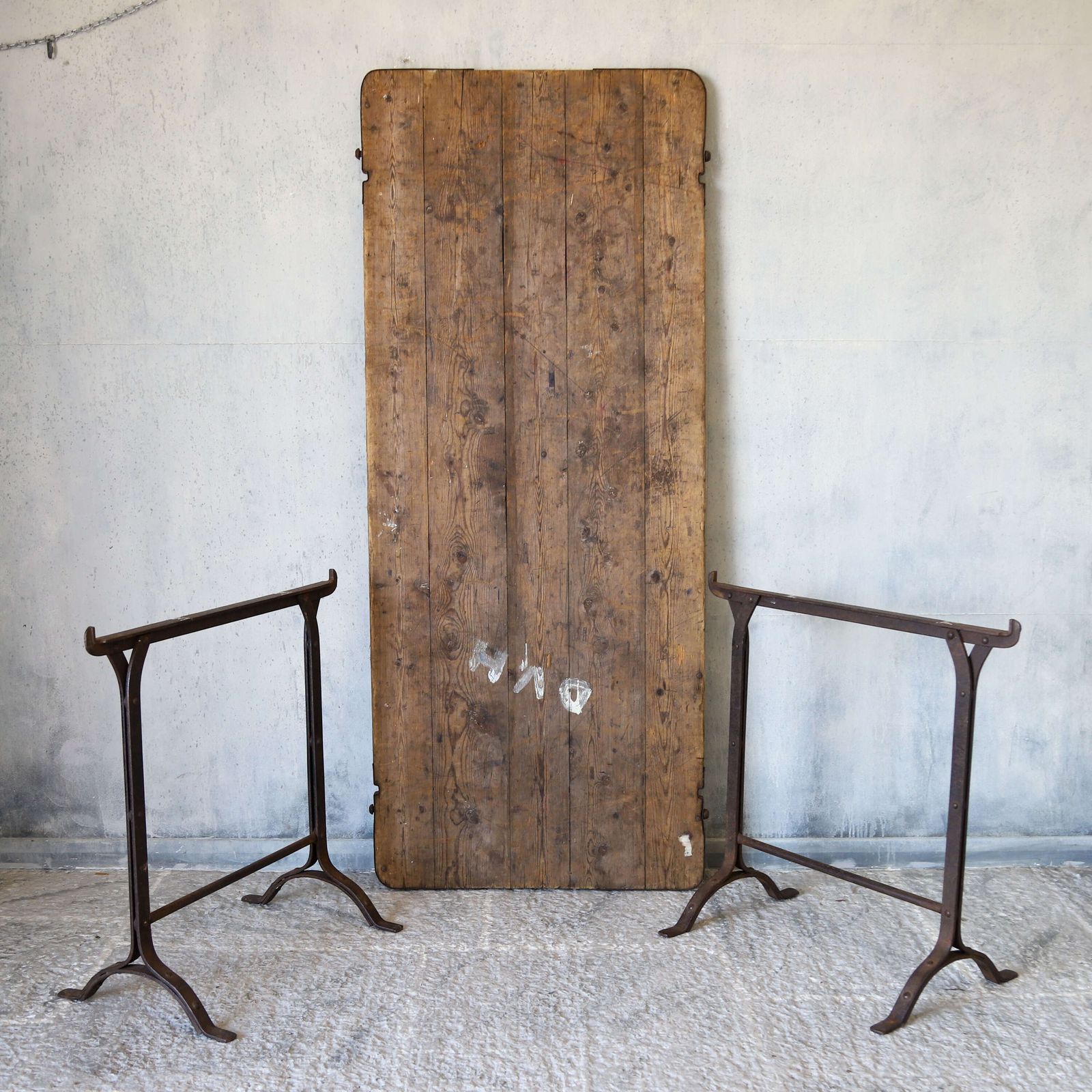 photo for sale Early 20th Century Pine And Iron Trestle Work Table   England, Circa 1900