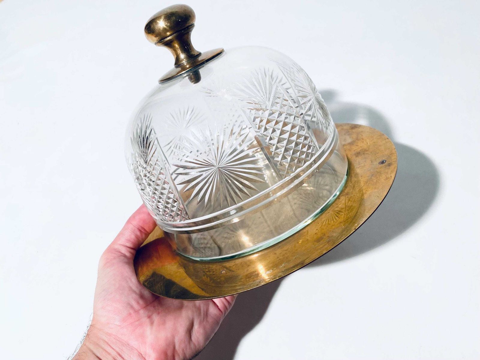 Vintage Brass Cheese Bell With Crystal Glass Lid Serving Dome / 1960s Vintage Decor photo buy