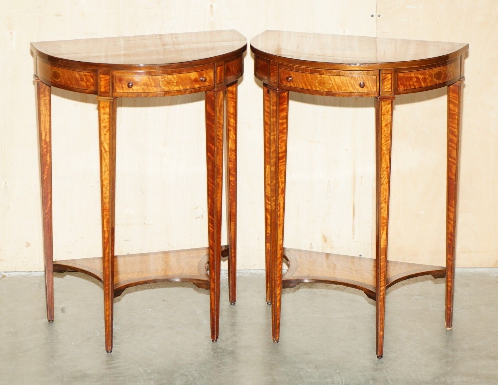 Important Pair Of Museum Quality Sheraton Satinwood Demi Lune Console Tables photo furniture