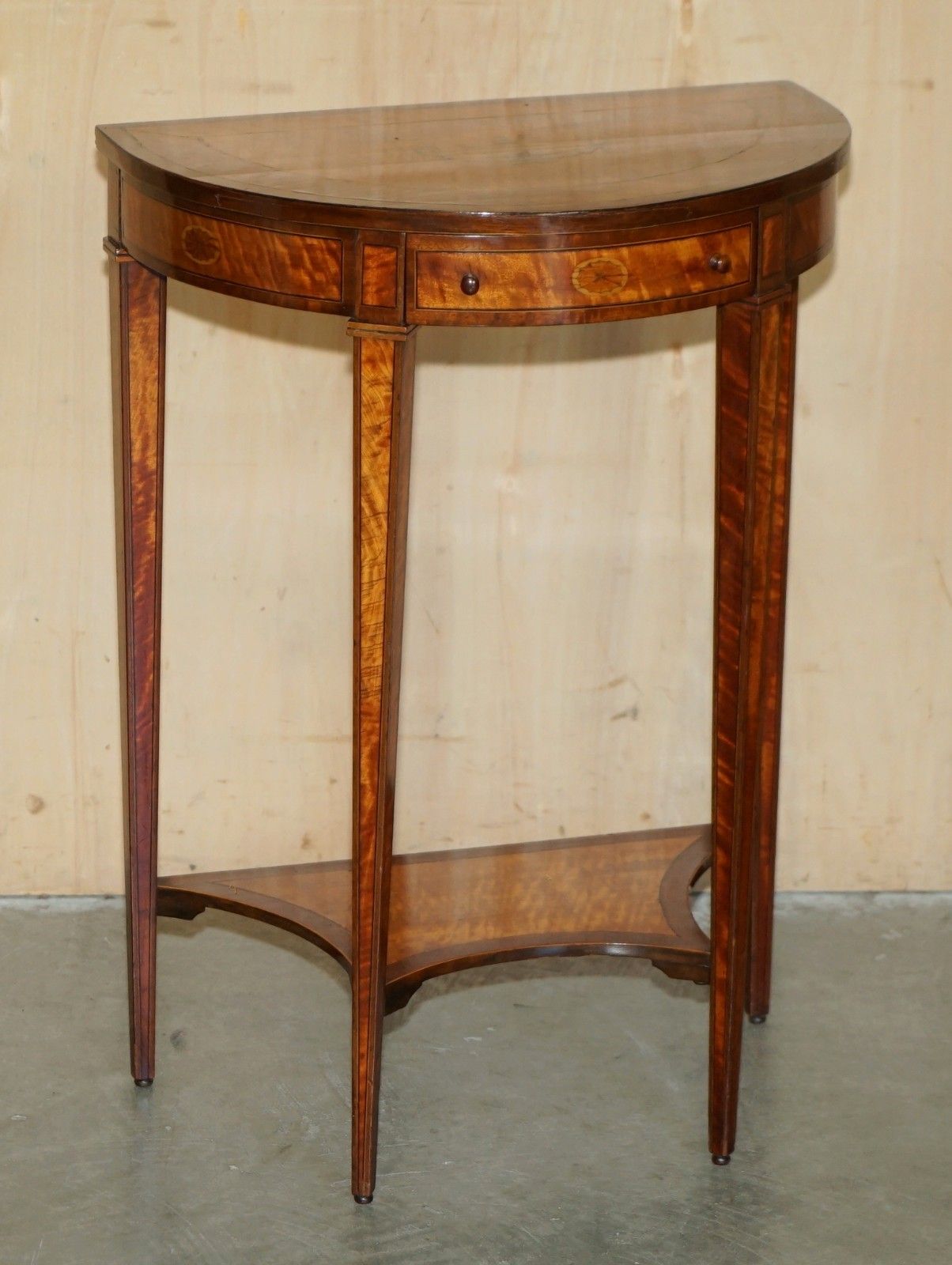Important Pair Of Museum Quality Sheraton Satinwood Demi Lune Console Tables photo for sale