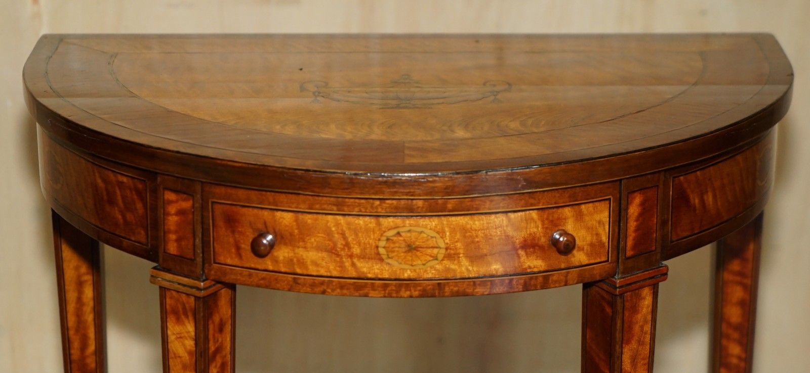 Important Pair Of Museum Quality Sheraton Satinwood Demi Lune Console Tables photo vintage