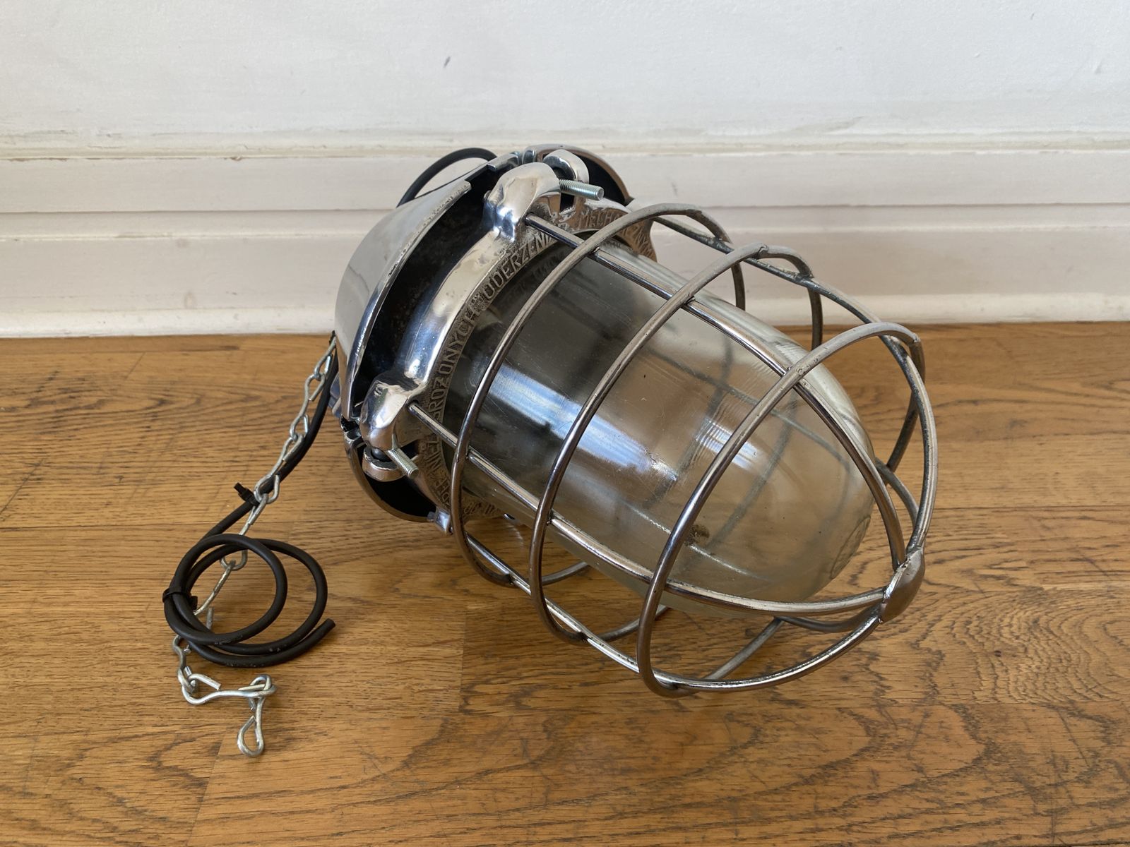 Large Industrial Cast Aluminium Cage Pendant Polish From Polam Wilkasy, 1970s      Explosion Proof Light photo for sale