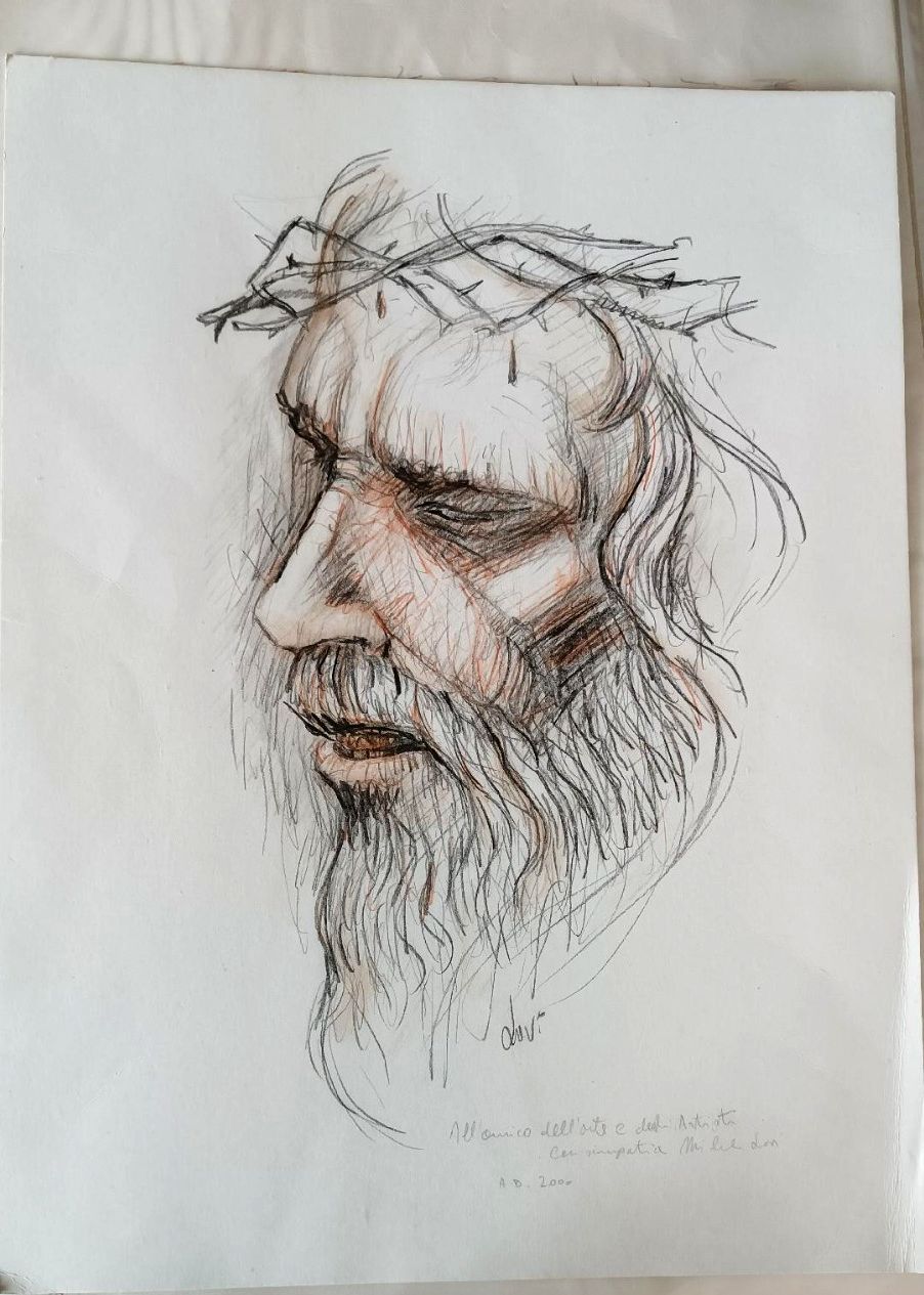 Mixed Technique 70x50 Cm On Cardboard Face Of Christ Michele Lovi (Lucca 1949