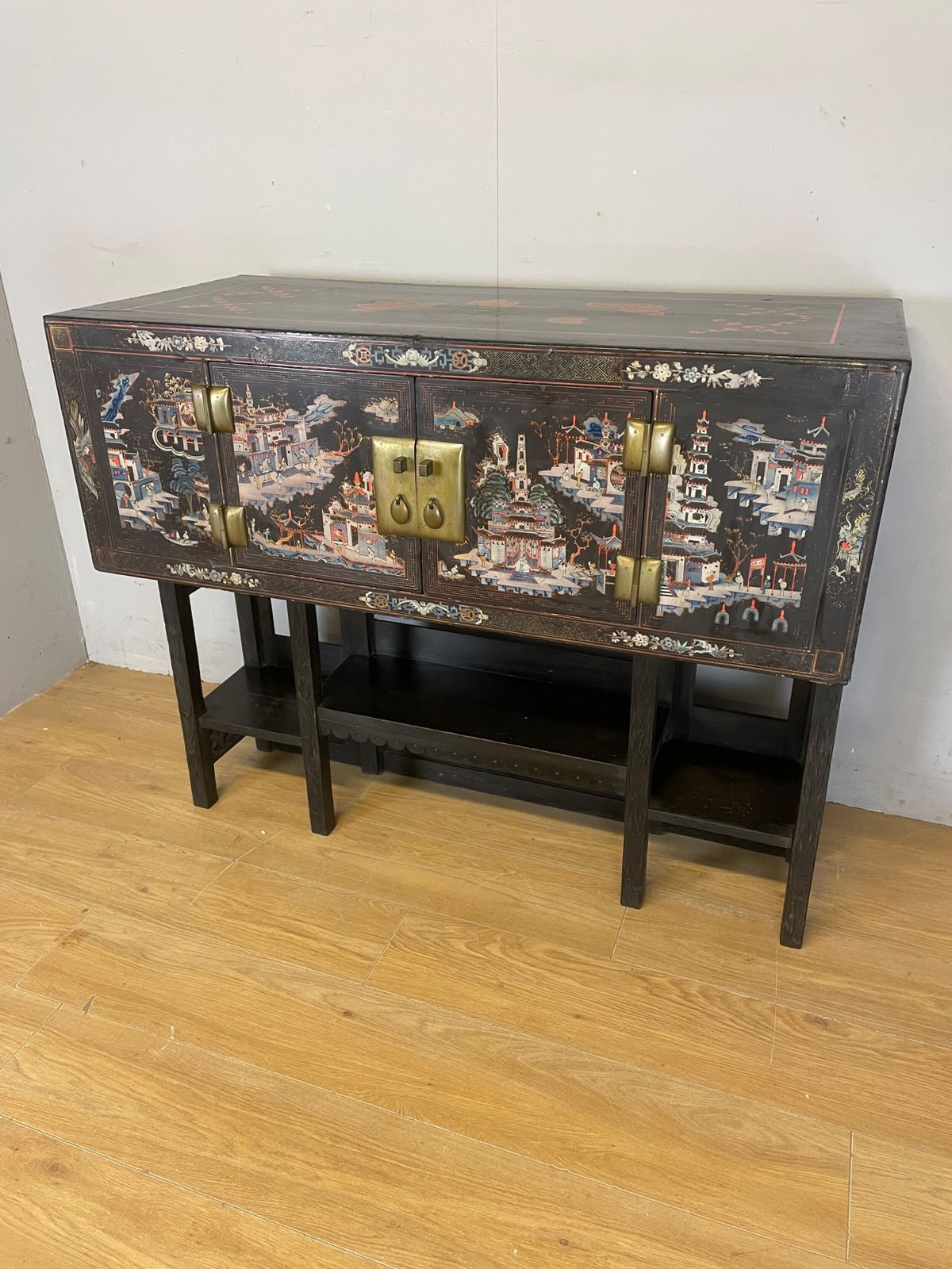 Antique Oriental Black Lacquered Cabinet On A Carved Stand Circa 1900
