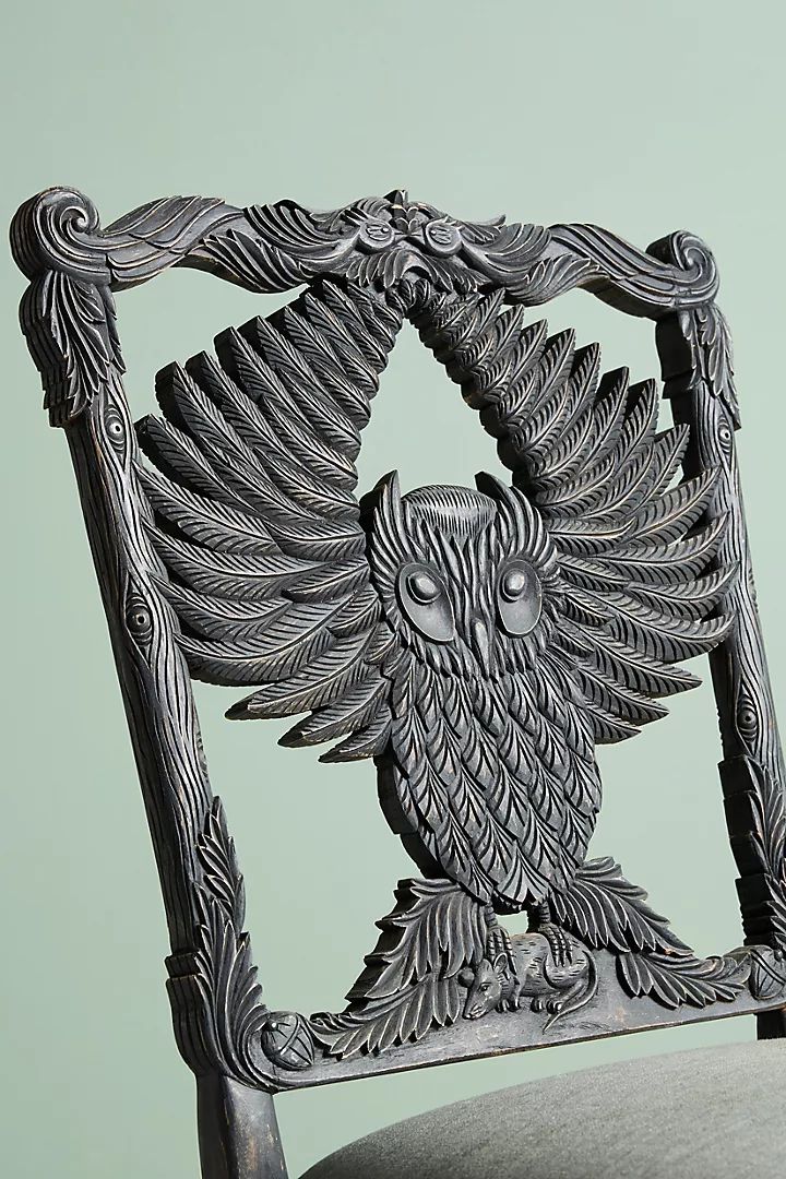 Hand Carved Wooden Black Owl Dinning Chair – Antique Black Finish With Intricate Detailing photo for sale