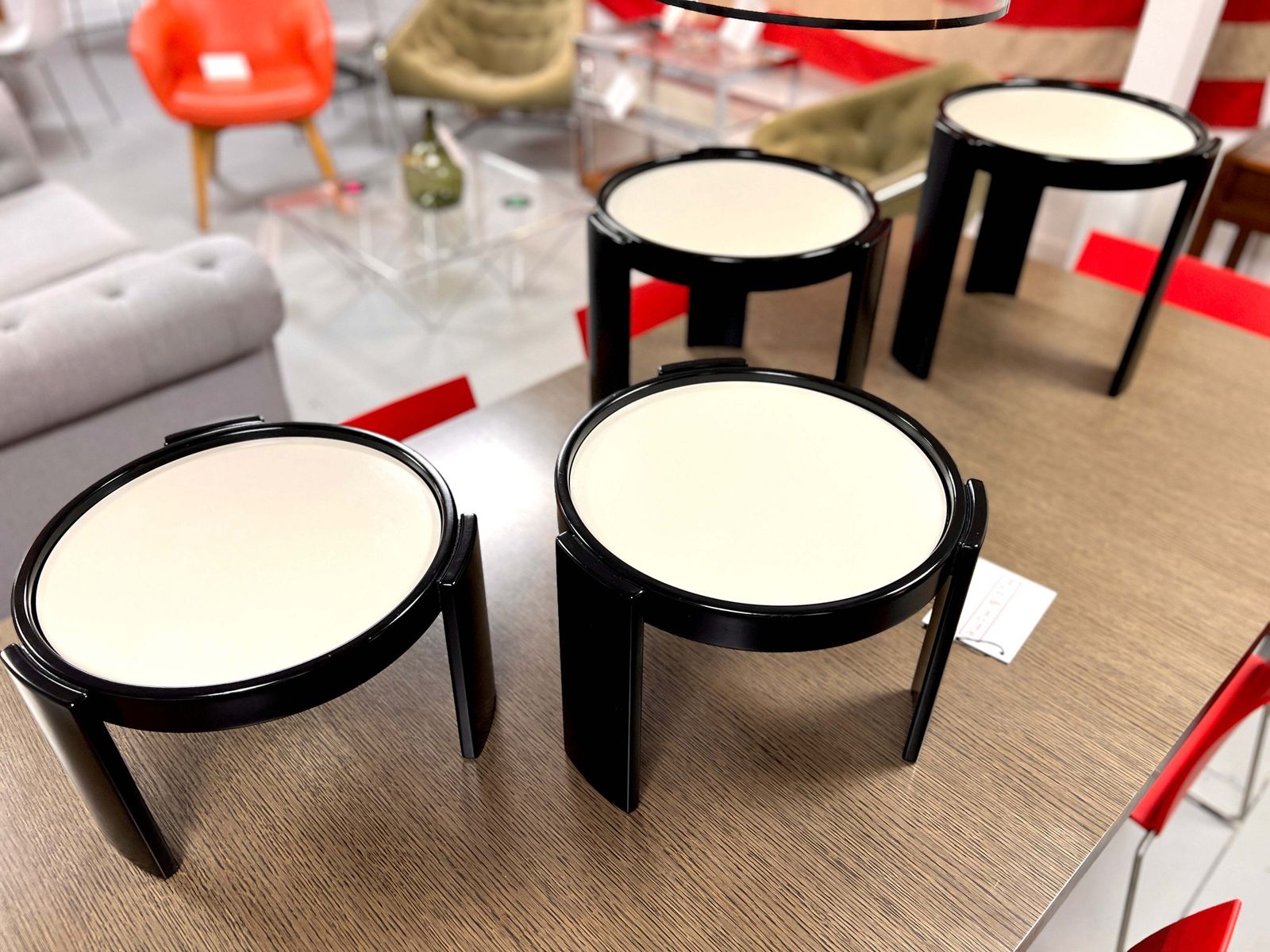 Cassina, Vintage Italian Nest Of 4 Tables With Cream Tops And Black Frames