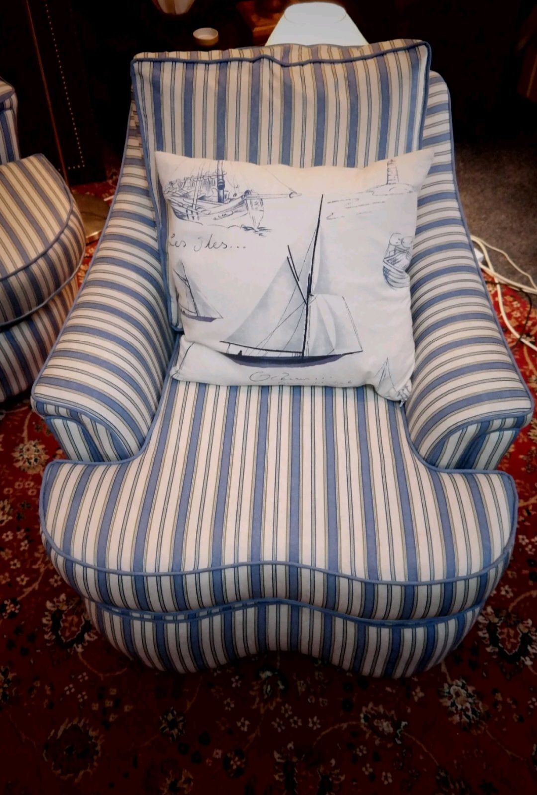 photo vintage Stunning Colefax And Fowler Club Sofa With Pair Armchairs Ticking Fabric Del