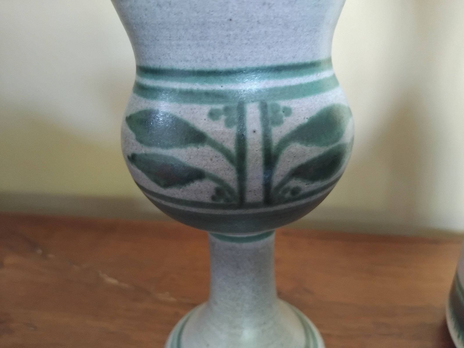 Vintage Stoneware Wine Carafe And 4 Goblets With Matte Glaze And Green Leaf Design, 1970s. photo for sale