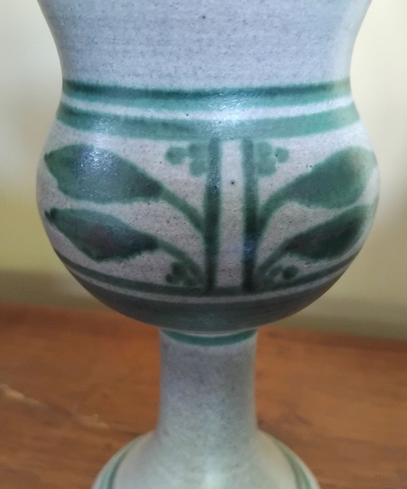 Vintage Stoneware Wine Carafe And 4 Goblets With Matte Glaze And Green Leaf Design, 1970s. photo 57.0