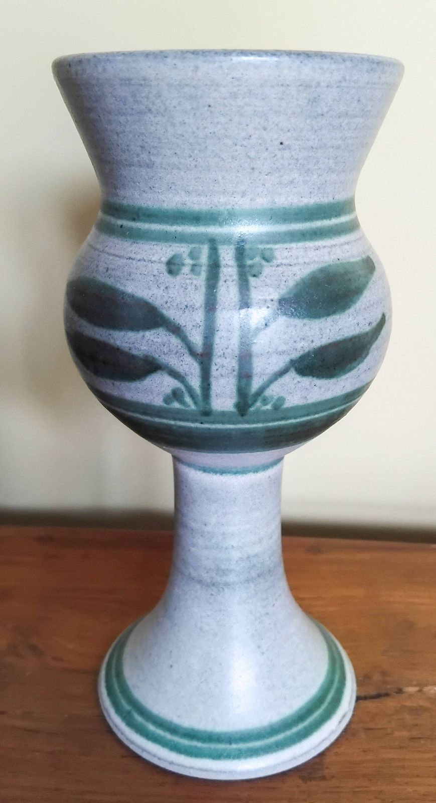 Vintage Stoneware Wine Carafe And 4 Goblets With Matte Glaze And Green Leaf Design, 1970s. photo vinterior